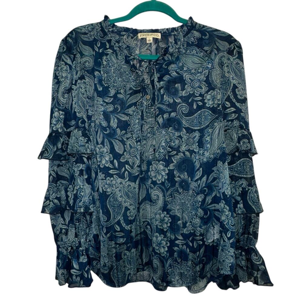 Frye & Co‎ Blue Paisley Ruffle Boho Peasant Blouse Large